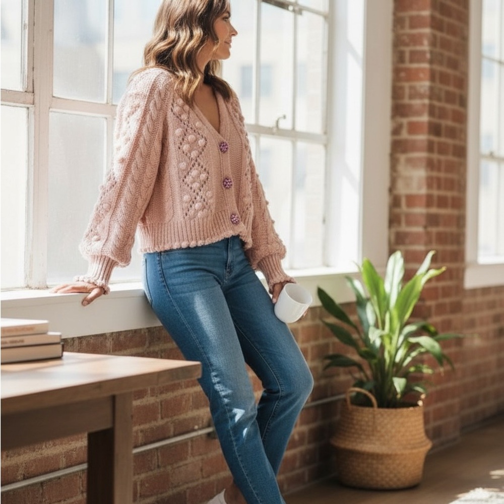 Zara Blush Pink Fuzzy Cable Knit Cardigan with Cute Buttons - Picture 3 of 16